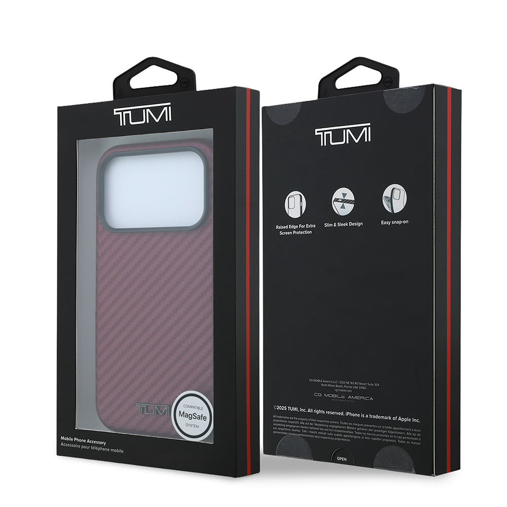 Apple iPhone 18 Pro Kılıf TUMI Orjinal Lisanslı M-safe Şarj Özellikli PU Karbon Tasarımlı Metal Logolu Kapak Bordo
