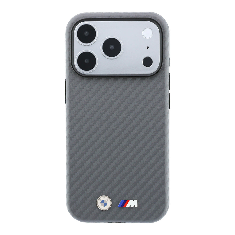 Apple iPhone 18 Pro Max Kılıf BMW Orjinal Lisanslı M-safe Şarj Özellikli Karbon Fiber Tasarımlı ve Metal Logolu PU Deri Kapak Gri