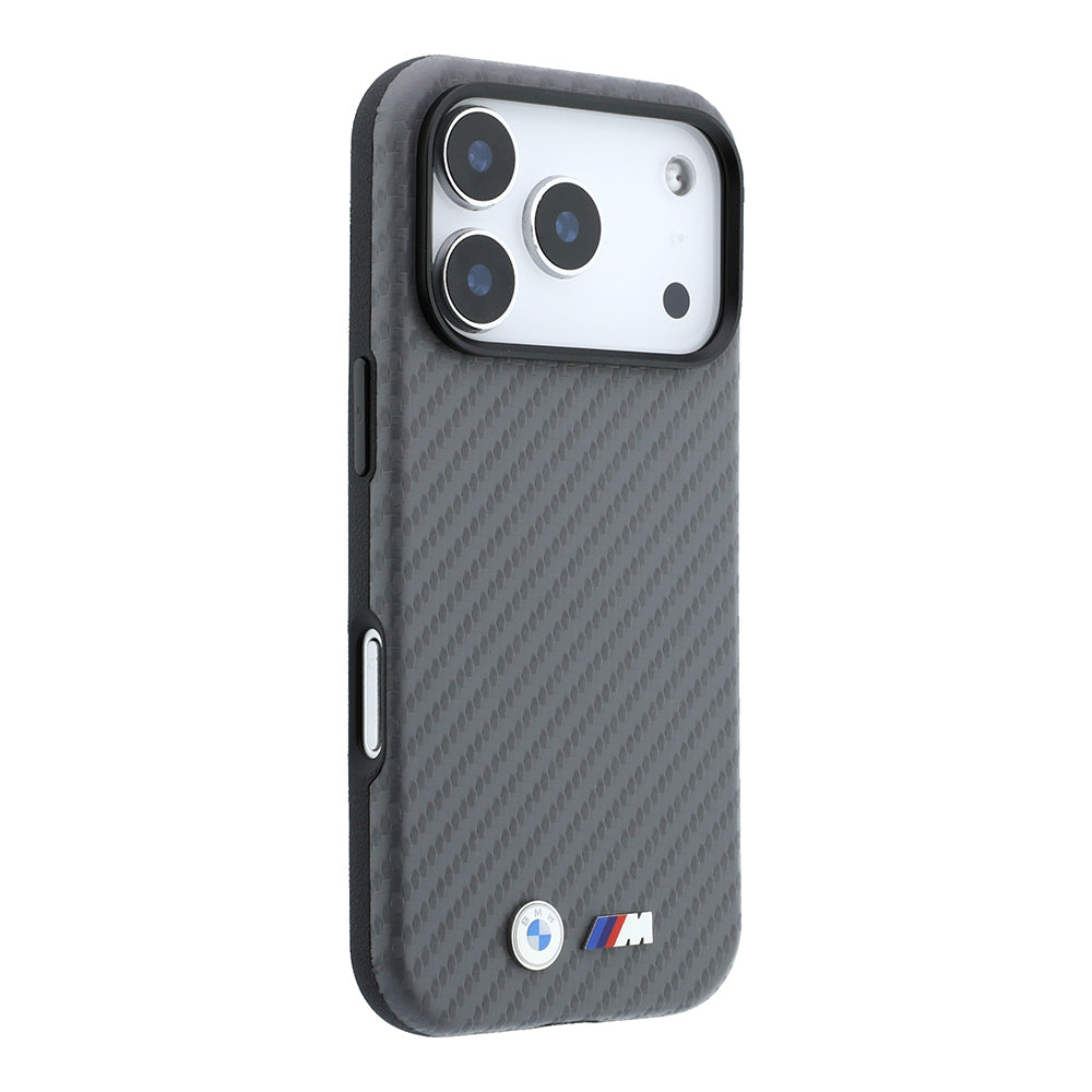 Apple iPhone 18 Pro Max Kılıf BMW Orjinal Lisanslı M-safe Şarj Özellikli Karbon Fiber Tasarımlı ve Metal Logolu PU Deri Kapak Gri
