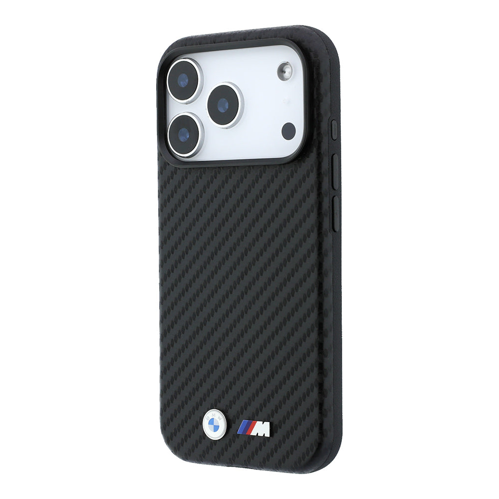 Apple iPhone 18 Pro Max Kılıf BMW Orjinal Lisanslı M-safe Şarj Özellikli Karbon Fiber Tasarımlı ve Metal Logolu PU Deri Kapak Siyah