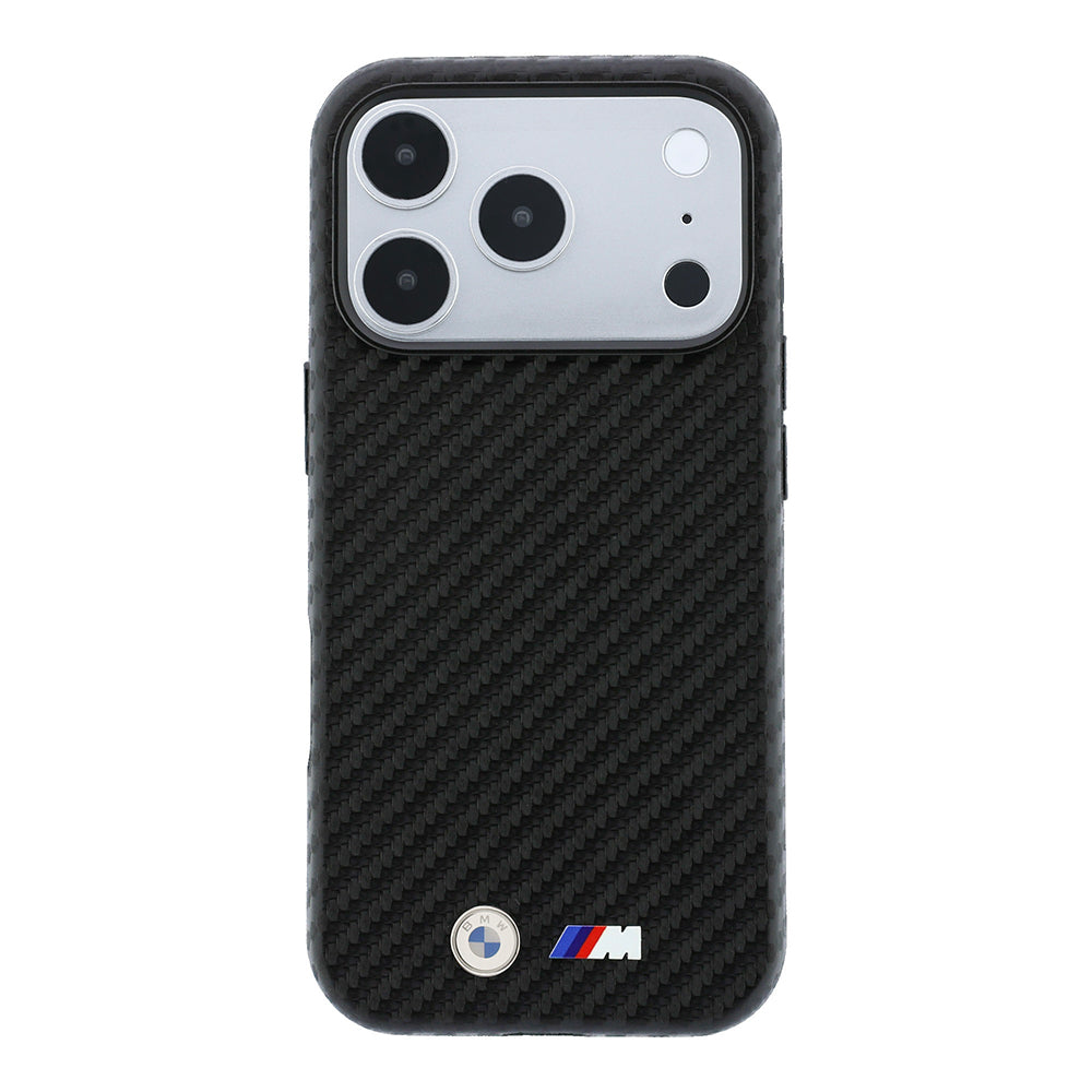 Apple iPhone 18 Pro Max Kılıf BMW Orjinal Lisanslı M-safe Şarj Özellikli Karbon Fiber Tasarımlı ve Metal Logolu PU Deri Kapak Siyah