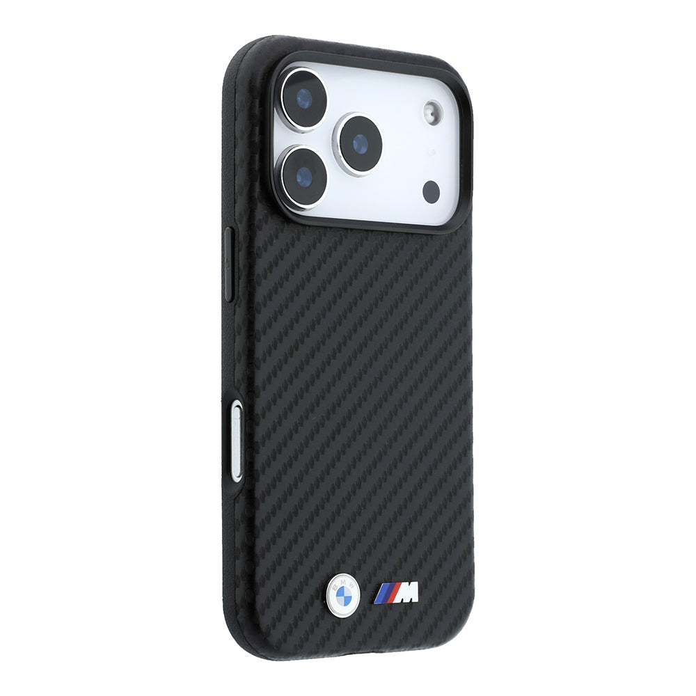 Apple iPhone 18 Pro Max Kılıf BMW Orjinal Lisanslı M-safe Şarj Özellikli Karbon Fiber Tasarımlı ve Metal Logolu PU Deri Kapak Siyah
