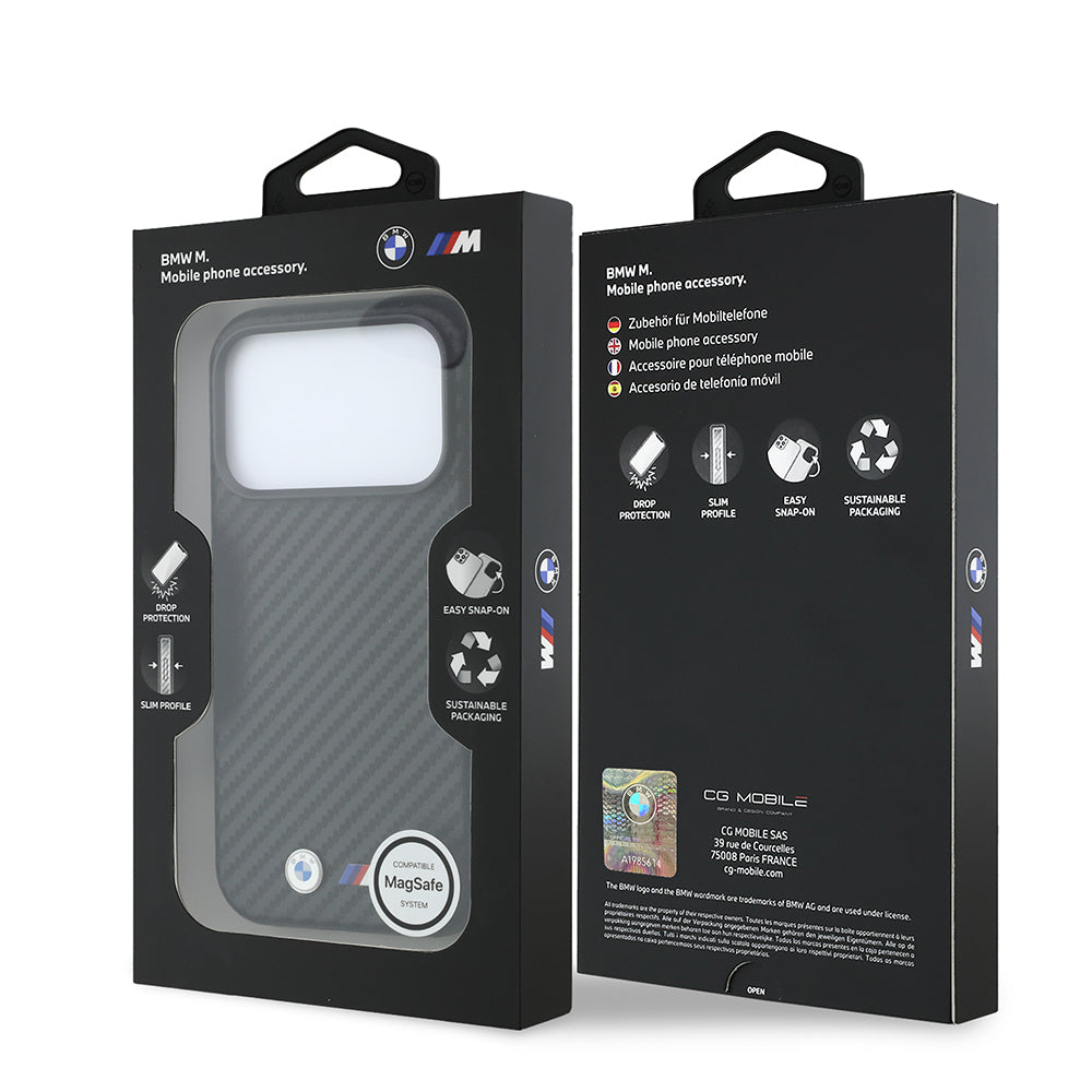 Apple iPhone 18 Pro Max Kılıf BMW Orjinal Lisanslı M-safe Şarj Özellikli Karbon Fiber Tasarımlı ve Metal Logolu PU Deri Kapak Siyah