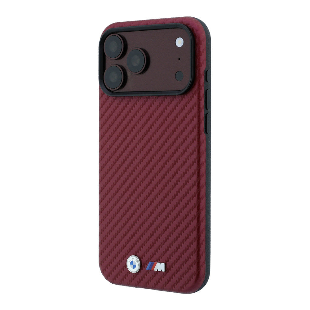 Apple iPhone 18 Pro Max Kılıf BMW Orjinal Lisanslı M-safe Şarj Özellikli Karbon Fiber Tasarımlı ve Metal Logolu PU Deri Kapak Bordo