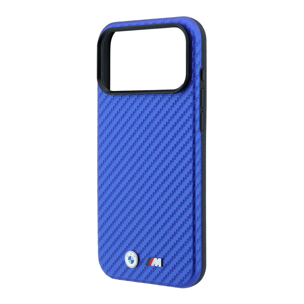 Apple iPhone 18 Pro Max Kılıf BMW Orjinal Lisanslı M-safe Şarj Özellikli Karbon Fiber Tasarımlı ve Metal Logolu PU Deri Kapak Mavi