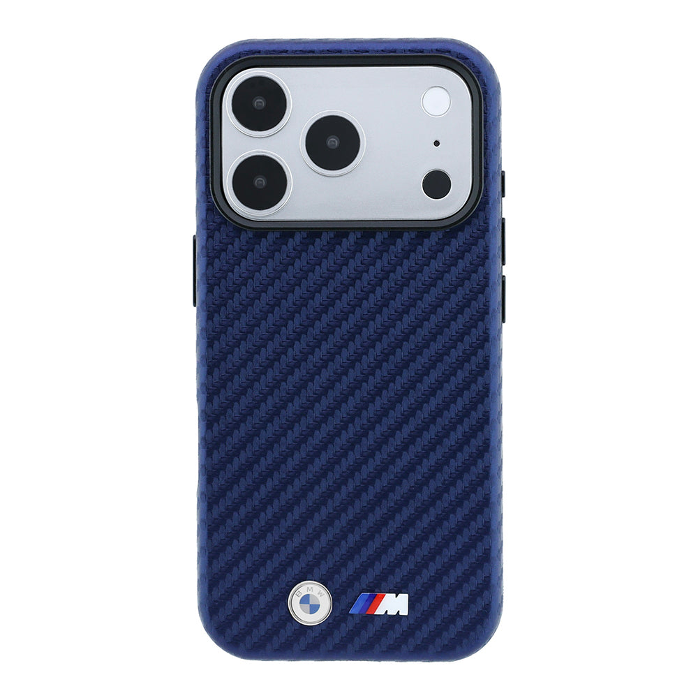 Apple iPhone 18 Pro Max Kılıf BMW Orjinal Lisanslı M-safe Şarj Özellikli Karbon Fiber Tasarımlı ve Metal Logolu PU Deri Kapak Lacivert