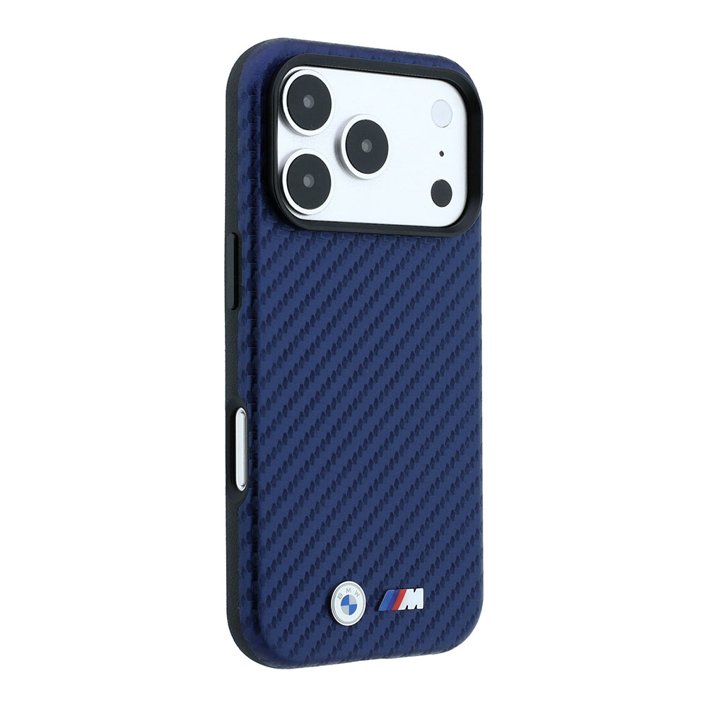 Apple iPhone 18 Pro Max Kılıf BMW Orjinal Lisanslı M-safe Şarj Özellikli Karbon Fiber Tasarımlı ve Metal Logolu PU Deri Kapak Lacivert