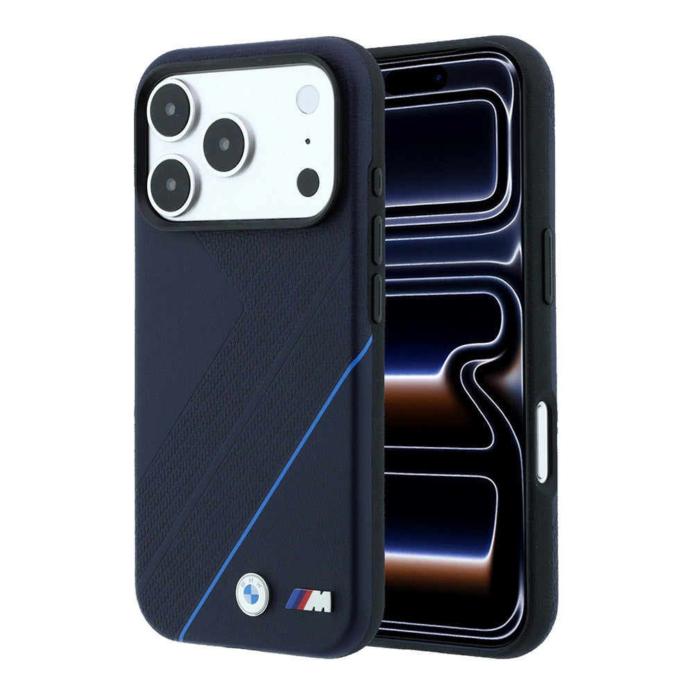 Apple iPhone 18 Pro Max Kılıf BMW Orjinal Lisanslı M-safe Şarj Özellikli M Logolu Lastik İzi Desenli Mavi Çizgili Kapak Lacivert