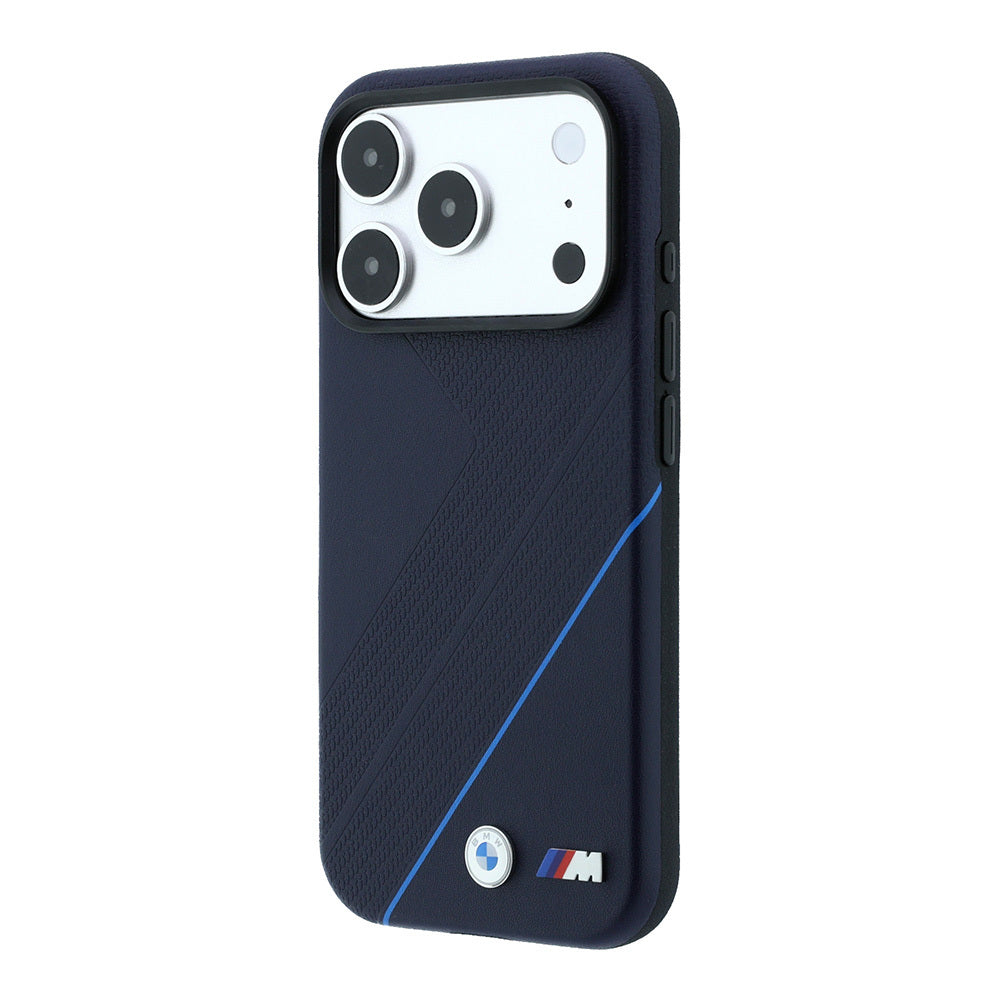 Apple iPhone 18 Pro Max Kılıf BMW Orjinal Lisanslı M-safe Şarj Özellikli M Logolu Lastik İzi Desenli Mavi Çizgili Kapak Lacivert