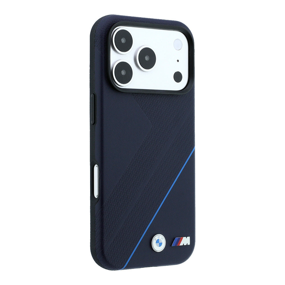 Apple iPhone 18 Pro Max Kılıf BMW Orjinal Lisanslı M-safe Şarj Özellikli M Logolu Lastik İzi Desenli Mavi Çizgili Kapak Lacivert
