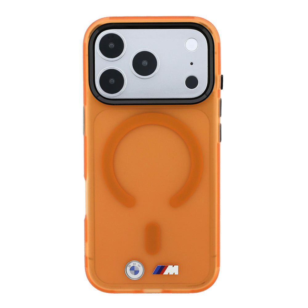 Apple iPhone 18 Pro Max Kılıf BMW Orjinal Lisanslı M-safe Şarj Özellikli Metal Buton Tasarımlı Buzlu IML Baskılı Kapak Turuncu