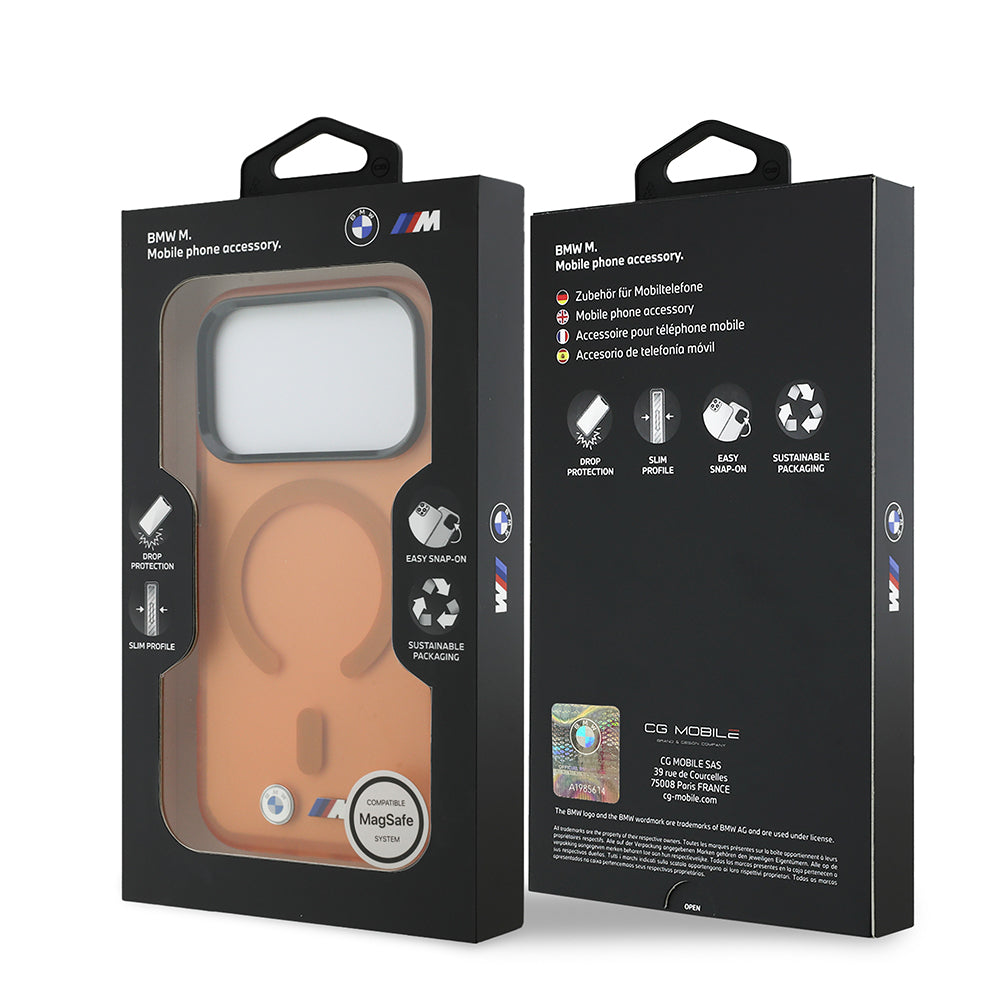 Apple iPhone 18 Pro Max Kılıf BMW Orjinal Lisanslı M-safe Şarj Özellikli Metal Buton Tasarımlı Buzlu IML Baskılı Kapak Turuncu