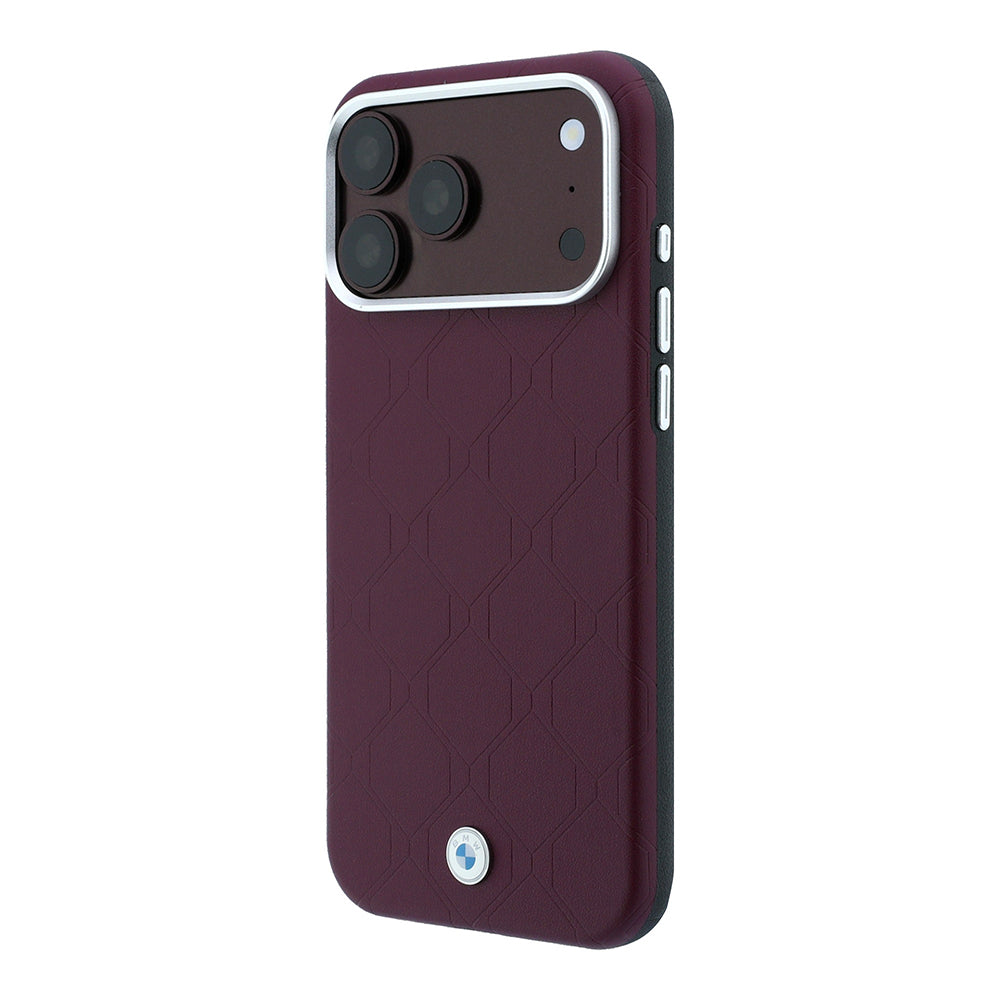 Apple iPhone 18 Pro Max Kılıf BMW Orjinal Lisanslı M-safe Şarj Özellikli Metal Logolu Kabartmalı Kapitone Deri Kapak Bordo