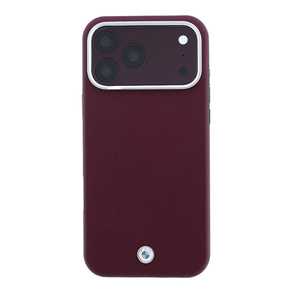 Apple iPhone 18 Pro Max Kılıf BMW Orjinal Lisanslı M-safe Şarj Özellikli Metal Logolu Kabartmalı Kapitone Deri Kapak Bordo