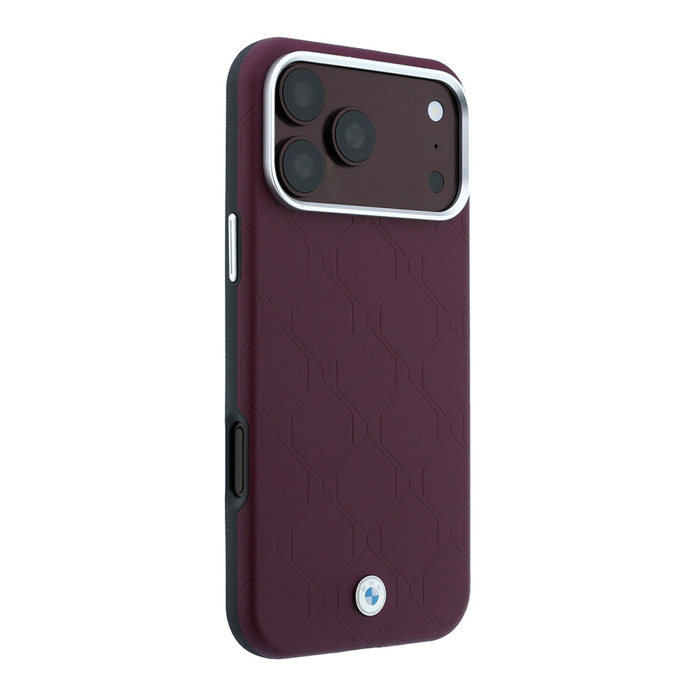 Apple iPhone 18 Pro Max Kılıf BMW Orjinal Lisanslı M-safe Şarj Özellikli Metal Logolu Kabartmalı Kapitone Deri Kapak Bordo