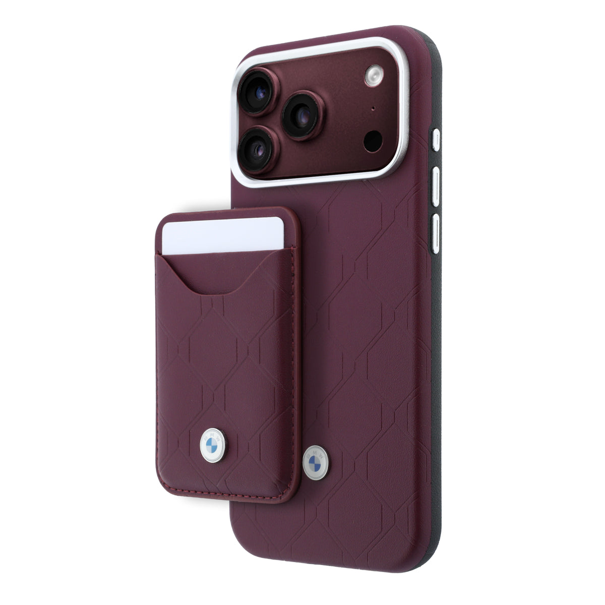 Apple iPhone 18 Pro Max Kılıf BMW Orjinal Lisanslı M-safe Şarj Özellikli Metal Logolu Kabartmalı Kapitone Deri Kartlıklı Kapak Bordo