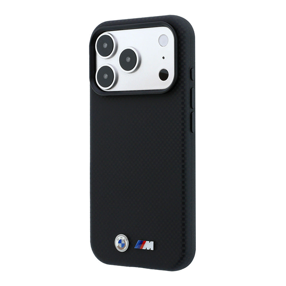 Apple iPhone 18 Pro Max Kılıf BMW Orjinal Lisanslı M-safe Şarj Özellikli Metal Logolu Karbon Fiber Kevlar Kapak Siyah
