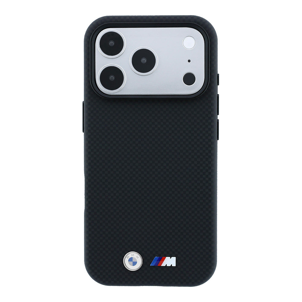 Apple iPhone 18 Pro Max Kılıf BMW Orjinal Lisanslı M-safe Şarj Özellikli Metal Logolu Karbon Fiber Kevlar Kapak Siyah