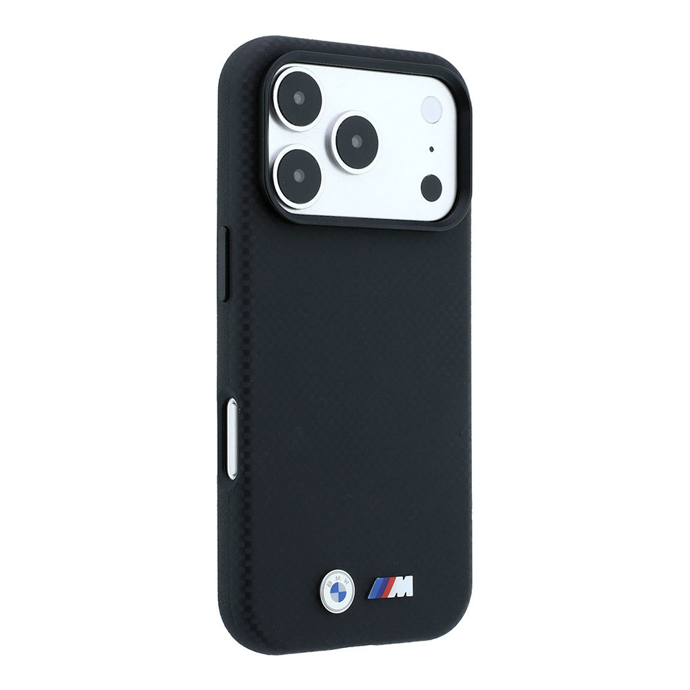 Apple iPhone 18 Pro Max Kılıf BMW Orjinal Lisanslı M-safe Şarj Özellikli Metal Logolu Karbon Fiber Kevlar Kapak Siyah