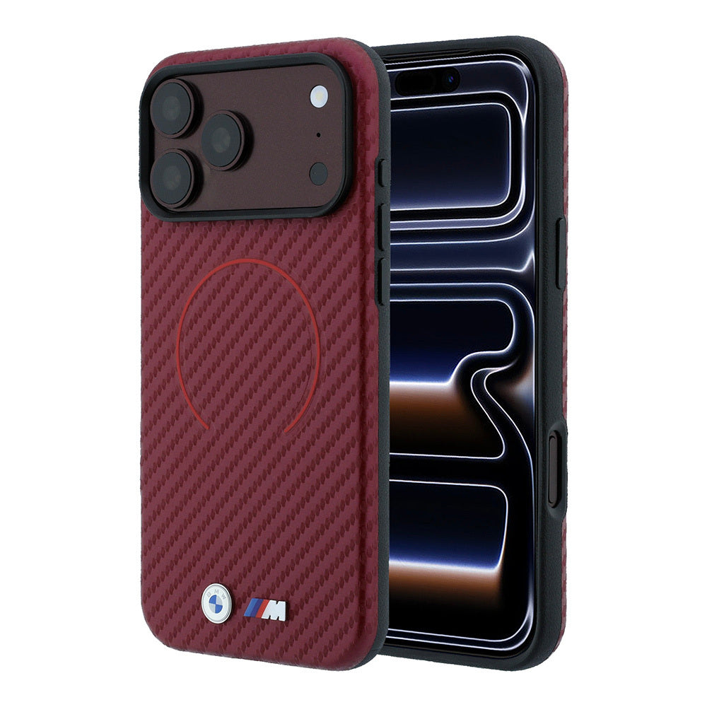 Apple iPhone 18 Pro Max Kılıf BMW Orjinal Lisanslı M-safe Şarj Özellikli PU Metal Logolu Kırmızı Halka Tasarımlı Kapak Bordo