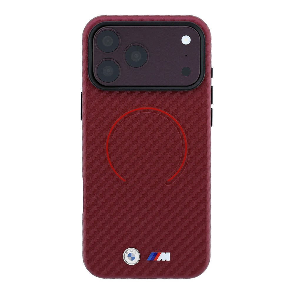 Apple iPhone 18 Pro Max Kılıf BMW Orjinal Lisanslı M-safe Şarj Özellikli PU Metal Logolu Kırmızı Halka Tasarımlı Kapak Bordo