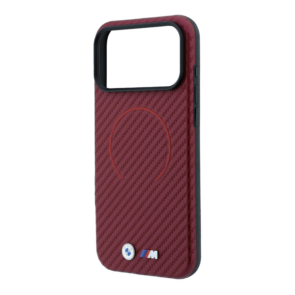 Apple iPhone 18 Pro Max Kılıf BMW Orjinal Lisanslı M-safe Şarj Özellikli PU Metal Logolu Kırmızı Halka Tasarımlı Kapak Bordo
