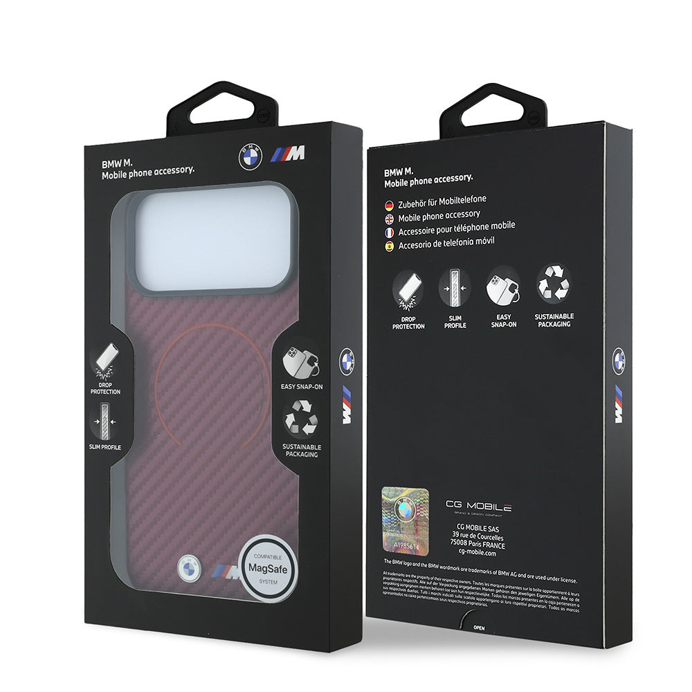 Apple iPhone 18 Pro Max Kılıf BMW Orjinal Lisanslı M-safe Şarj Özellikli PU Metal Logolu Kırmızı Halka Tasarımlı Kapak Bordo