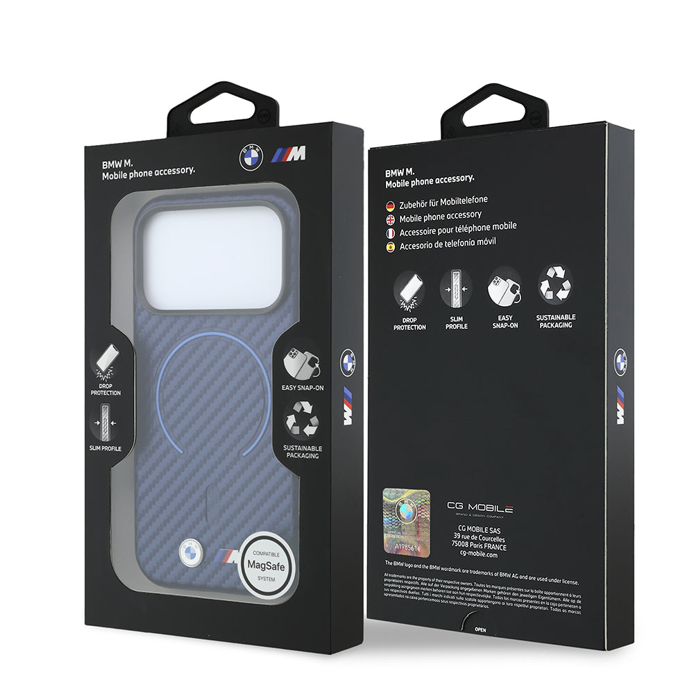 Apple iPhone 18 Pro Max Kılıf BMW Orjinal Lisanslı M-safe Şarj Özellikli PU Metal Logolu Kırmızı Halka Tasarımlı Kapak Lacivert