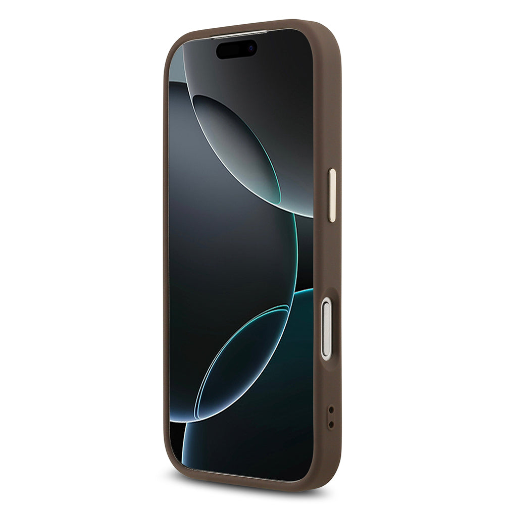 Apple iPhone 18 Pro Max Kılıf Guess Orjinal Lisanslı Gold Metal Kamera Çerçeveli 4G Desenli Metal Büyük 4G ve Yazı Logolu Kapak Kahverengi
