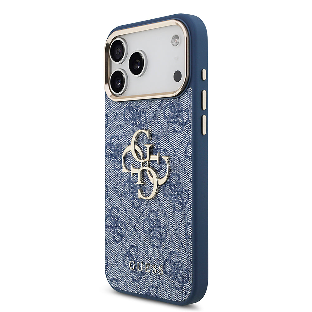 Apple iPhone 18 Pro Max Kılıf Guess Orjinal Lisanslı Gold Metal Kamera Çerçeveli 4G Desenli Metal Büyük 4G ve Yazı Logolu Kapak Mavi