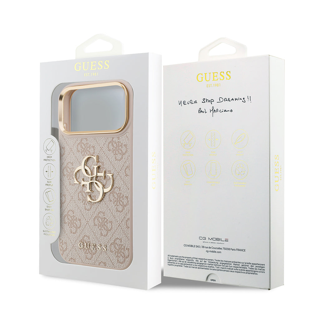 Apple iPhone 18 Pro Max Kılıf Guess Orjinal Lisanslı Gold Metal Kamera Çerçeveli 4G Desenli Metal Büyük 4G ve Yazı Logolu Kapak Pembe