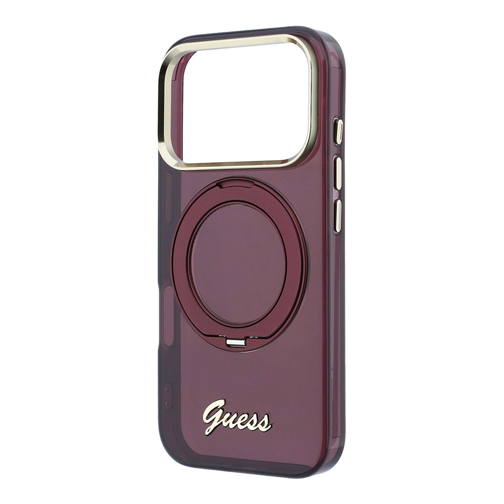 Apple iPhone 18 Pro Max Kılıf Guess Orjinal Lisanslı M-safe Şarj Özellikli 360 Derece Dönebilen Standlı Metal Yazı Logolu Silikon Kapak Bordo