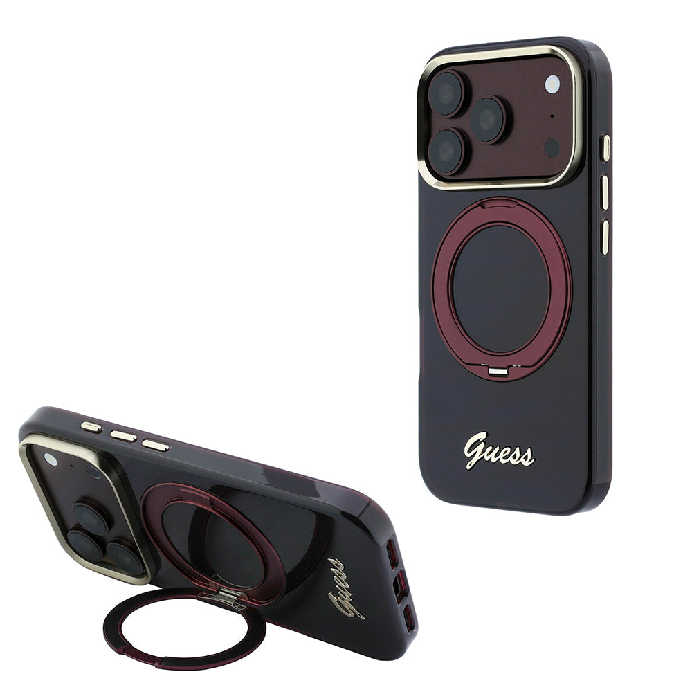 Apple iPhone 18 Pro Max Kılıf Guess Orjinal Lisanslı M-safe Şarj Özellikli 360 Derece Dönebilen Standlı Metal Yazı Logolu Silikon Kapak Bordo