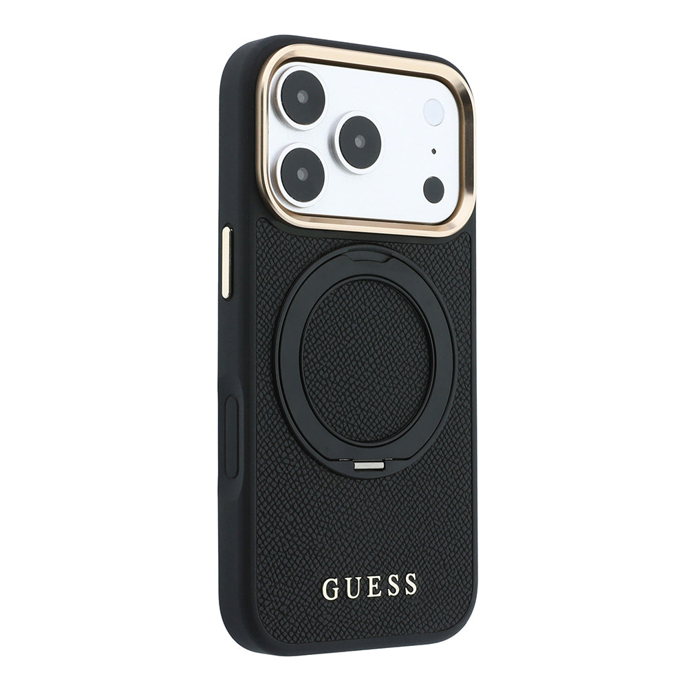 Apple iPhone 18 Pro Max Kılıf Guess Orjinal Lisanslı M-safe Şarj Özellikli 360 Derece Dönebilen Standlı PU Metal Yazı Logolu Kapak Siyah