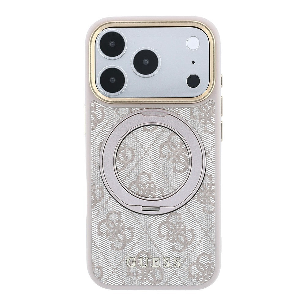 Apple iPhone 18 Pro Max Kılıf Guess Orjinal Lisanslı M-safe Şarj Özellikli 4G Desenli 360 Derece Dönebilen Standlı Metal Yazı Logolu Kapak Pembe