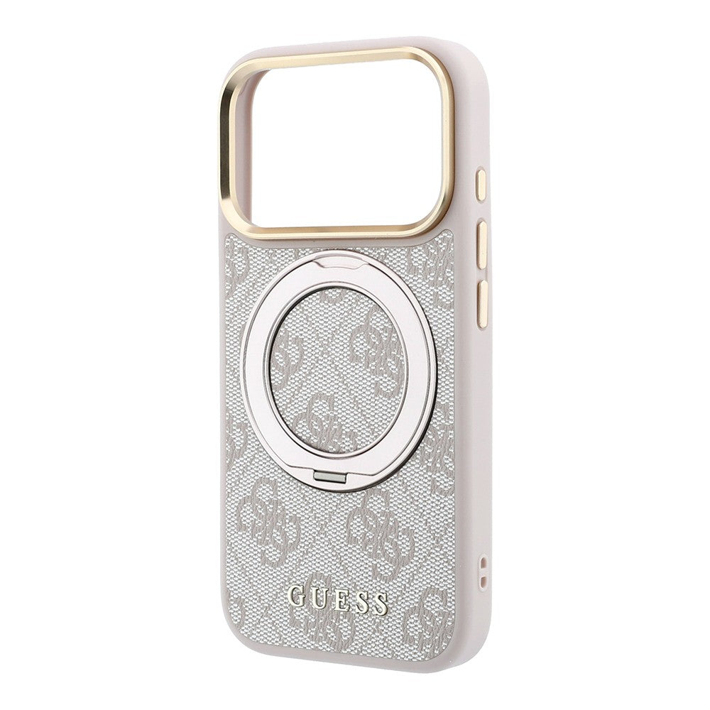 Apple iPhone 18 Pro Max Kılıf Guess Orjinal Lisanslı M-safe Şarj Özellikli 4G Desenli 360 Derece Dönebilen Standlı Metal Yazı Logolu Kapak Pembe