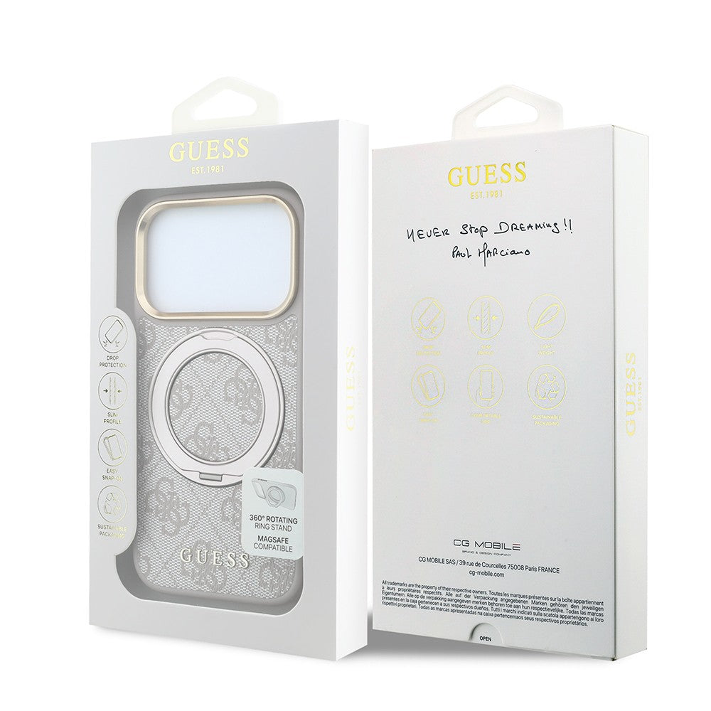 Apple iPhone 18 Pro Max Kılıf Guess Orjinal Lisanslı M-safe Şarj Özellikli 4G Desenli 360 Derece Dönebilen Standlı Metal Yazı Logolu Kapak Pembe