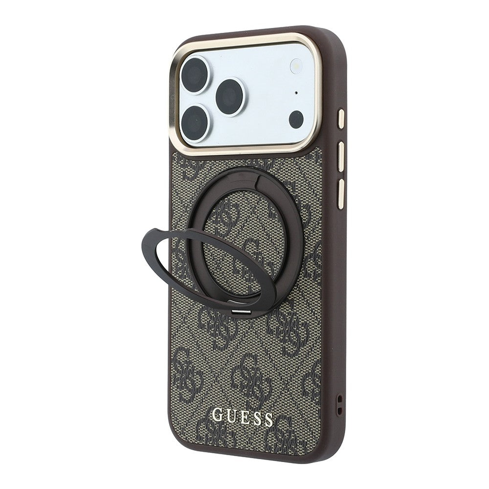Apple iPhone 18 Pro Max Kılıf Guess Orjinal Lisanslı M-safe Şarj Özellikli 4G Desenli 360 Derece Dönebilen Standlı Metal Yazı Logolu Kapak Kahverengi