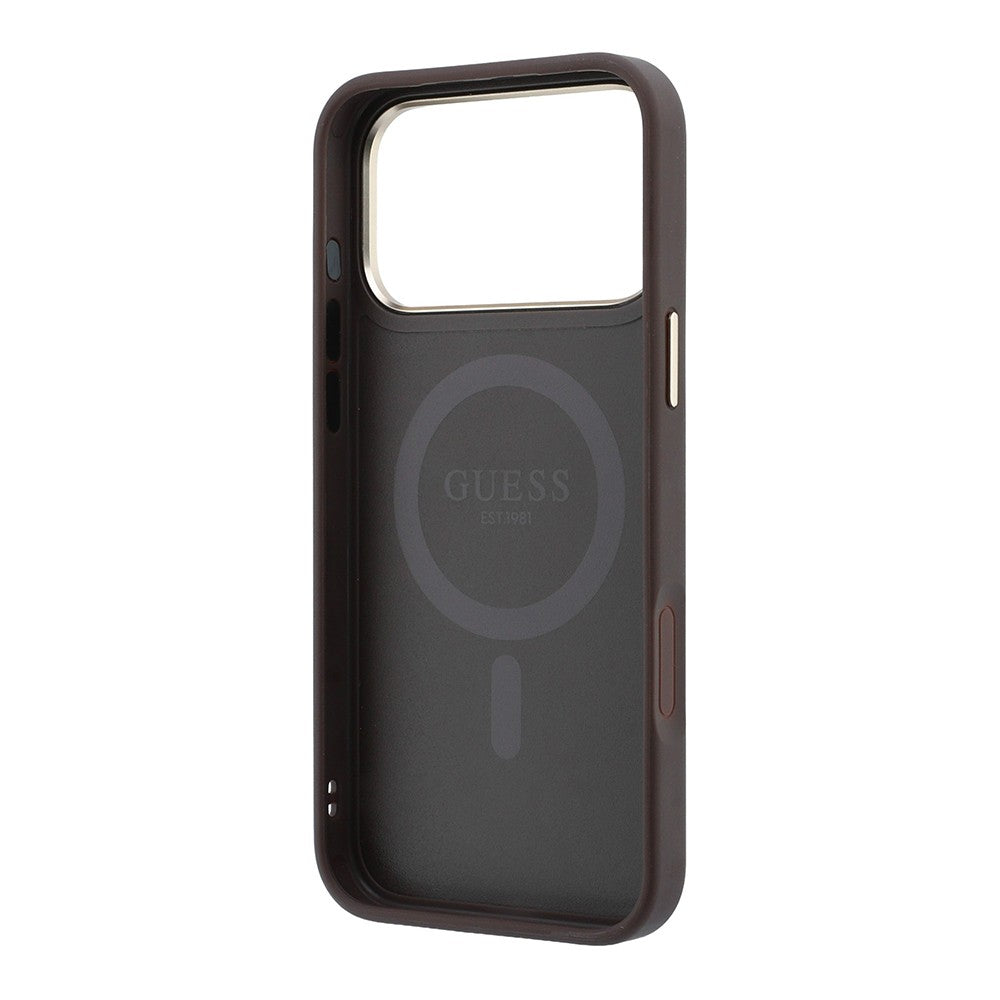 Apple iPhone 18 Pro Max Kılıf Guess Orjinal Lisanslı M-safe Şarj Özellikli 4G Desenli 360 Derece Dönebilen Standlı Metal Yazı Logolu Kapak Kahverengi