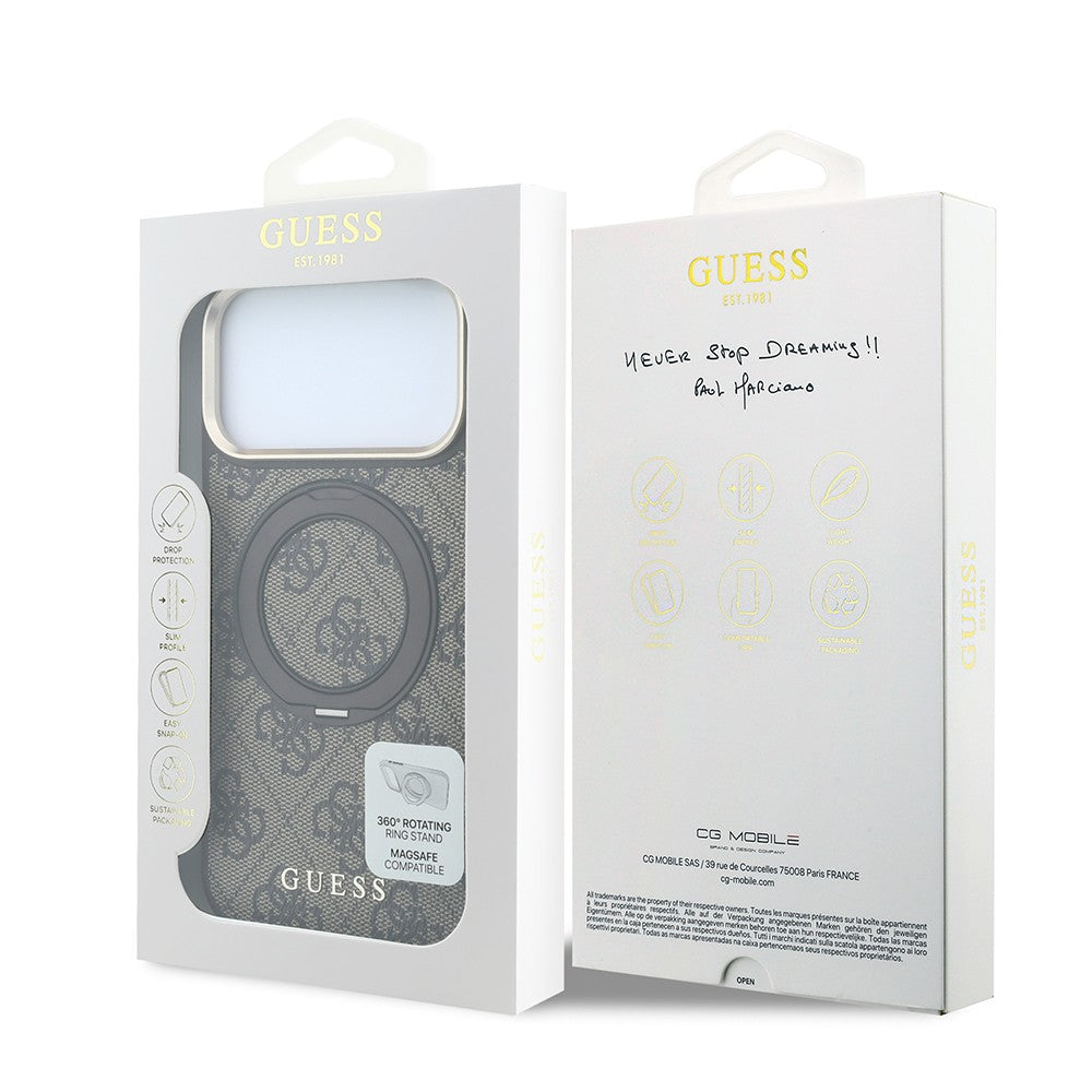 Apple iPhone 18 Pro Max Kılıf Guess Orjinal Lisanslı M-safe Şarj Özellikli 4G Desenli 360 Derece Dönebilen Standlı Metal Yazı Logolu Kapak Kahverengi