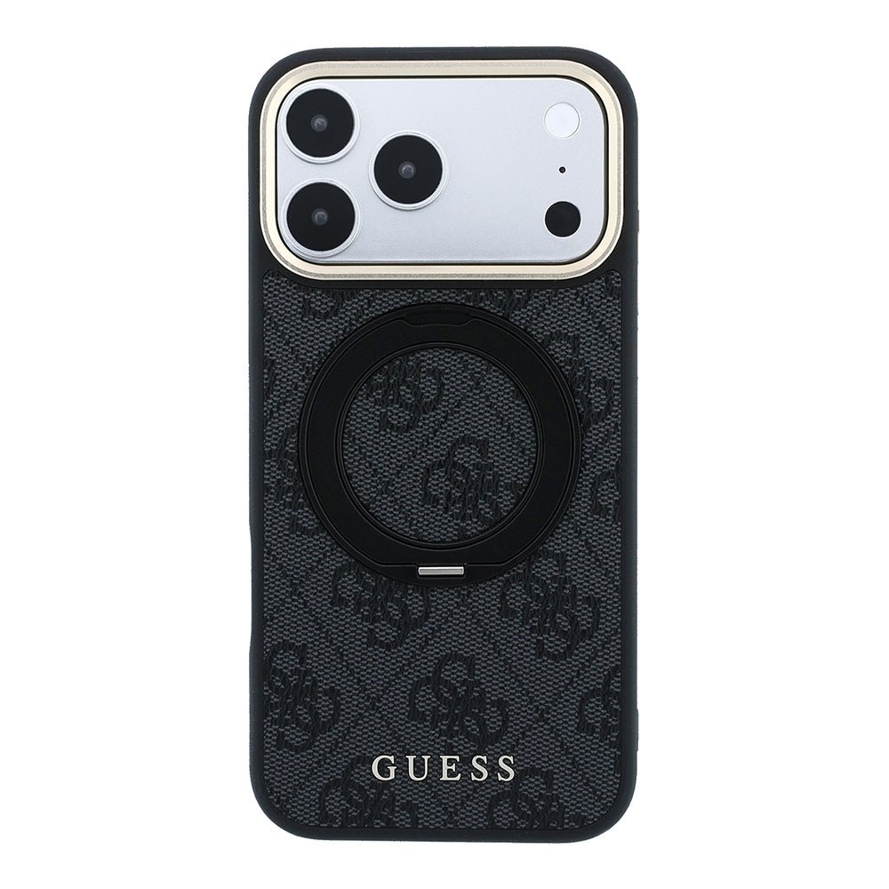 Apple iPhone 18 Pro Max Kılıf Guess Orjinal Lisanslı M-safe Şarj Özellikli 4G Desenli 360 Derece Dönebilen Standlı Metal Yazı Logolu Kapak Siyah