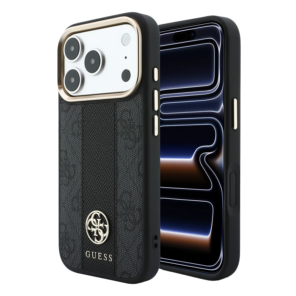 Apple iPhone 18 Pro Max Kılıf Guess Orjinal Lisanslı M-safe Şarj Özellikli Deri 4G Desenli Şeritli Yazı Logolu Kapak Siyah