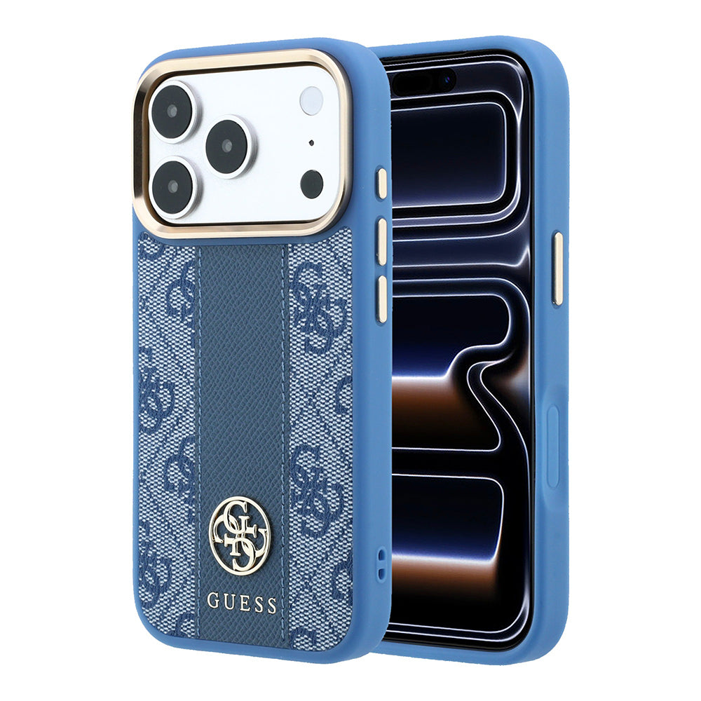 Apple iPhone 18 Pro Max Kılıf Guess Orjinal Lisanslı M-safe Şarj Özellikli Deri 4G Desenli Şeritli Yazı Logolu Kapak Mavi