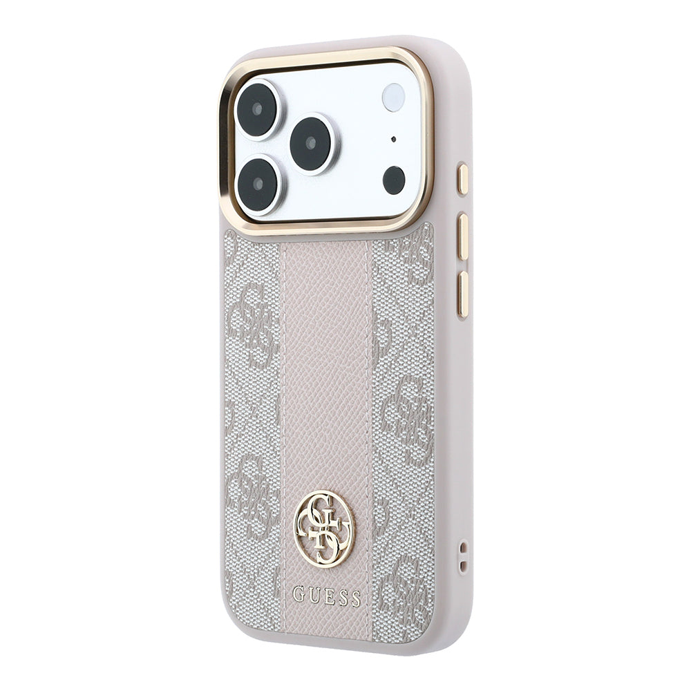 Apple iPhone 18 Pro Max Kılıf Guess Orjinal Lisanslı M-safe Şarj Özellikli Deri 4G Desenli Şeritli Yazı Logolu Kapak Pembe