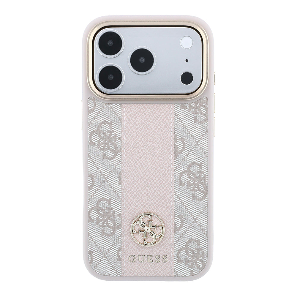 Apple iPhone 18 Pro Max Kılıf Guess Orjinal Lisanslı M-safe Şarj Özellikli Deri 4G Desenli Şeritli Yazı Logolu Kapak Pembe