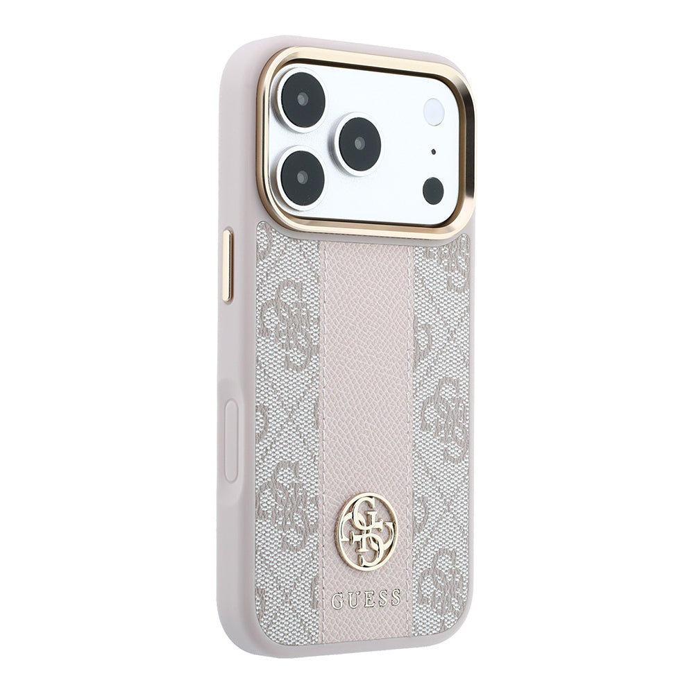 Apple iPhone 18 Pro Max Kılıf Guess Orjinal Lisanslı M-safe Şarj Özellikli Deri 4G Desenli Şeritli Yazı Logolu Kapak Pembe