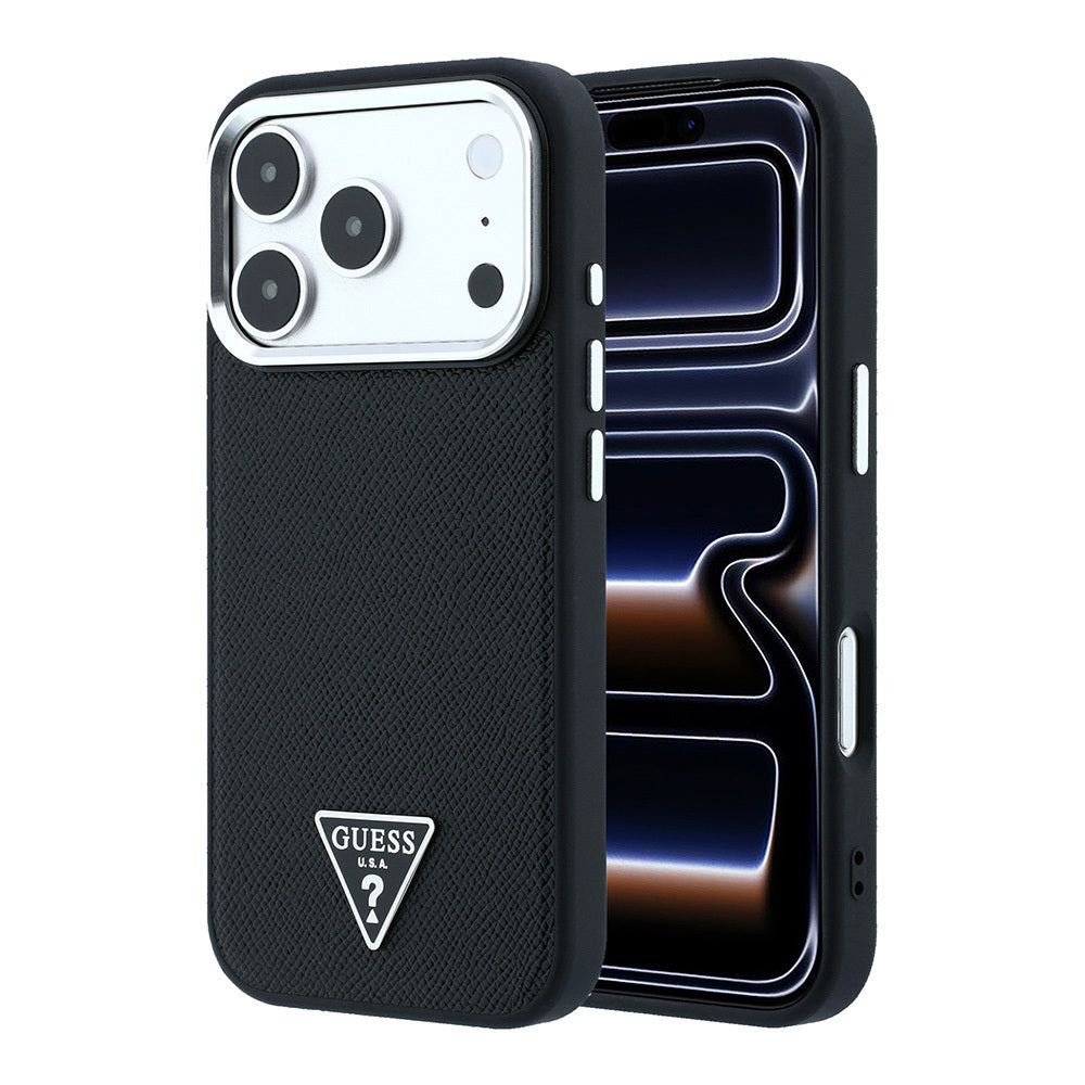 Apple iPhone 18 Pro Max Kılıf Guess Orjinal Lisanslı M-safe Şarj Özellikli Grained Triangle Kapak Siyah