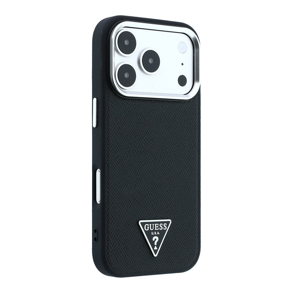 Apple iPhone 18 Pro Max Kılıf Guess Orjinal Lisanslı M-safe Şarj Özellikli Grained Triangle Kapak Siyah