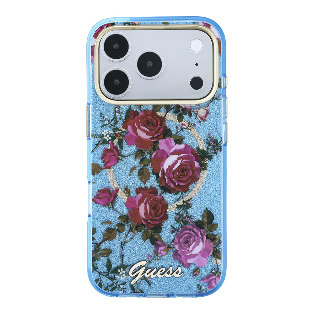 Apple iPhone 18 Pro Max Kılıf Guess Orjinal Lisanslı M-safe Şarj Özellikli Gül Desenli Simli Yazı Logolu Kapak Açık Mavi