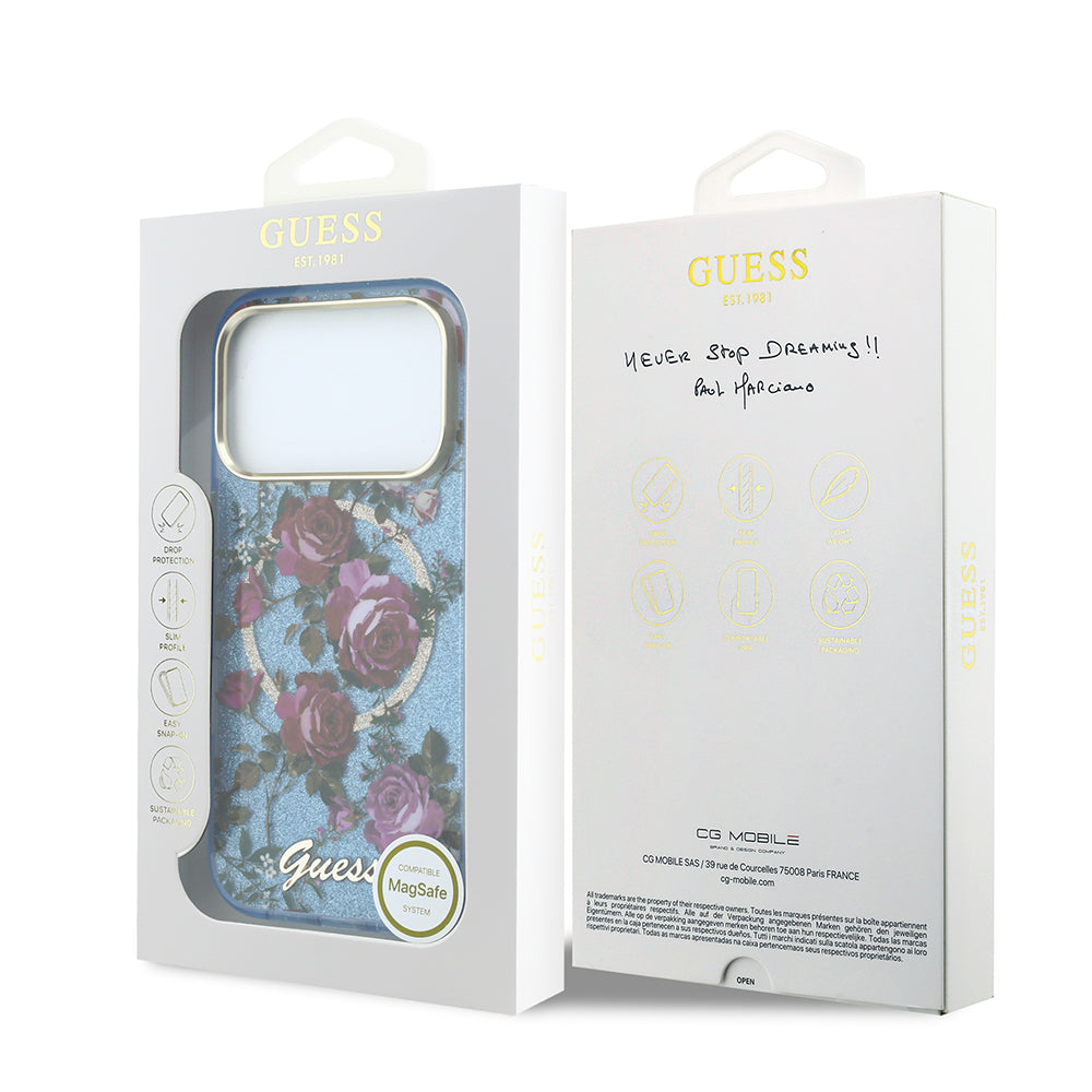 Apple iPhone 18 Pro Max Kılıf Guess Orjinal Lisanslı M-safe Şarj Özellikli Gül Desenli Simli Yazı Logolu Kapak Açık Mavi